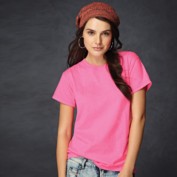 A young lady poses in a plain, womens-style, fluorescent or neon pink T-shirt.
