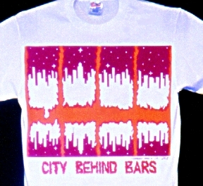 City Behind Bars imprinted, fluorescent design on a white T-shirt