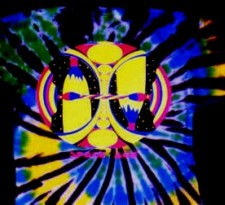 Space Age imprinted, fluorescent design on a tie-dye T-shirt