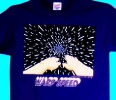 Warp Speed imprinted, fluorescent design on a purple T-shirt